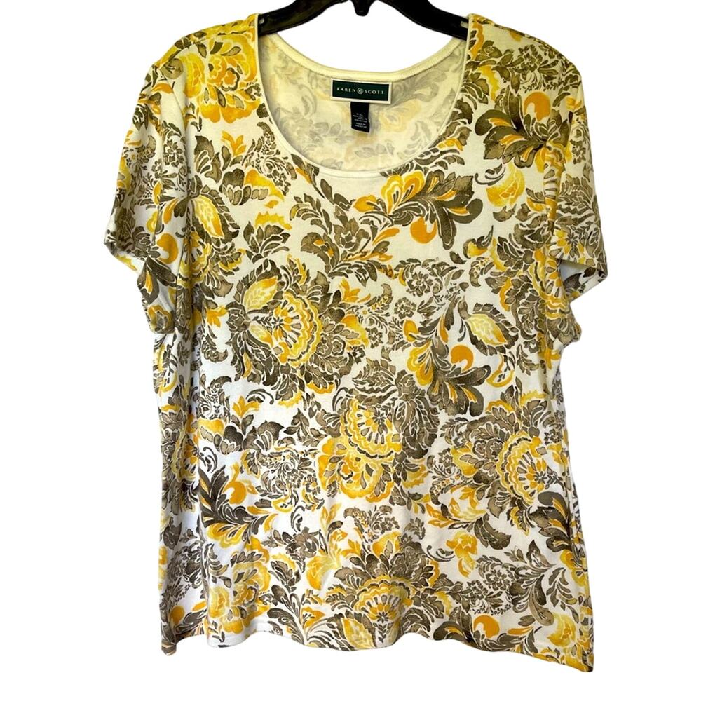 Karen Scott Yellow Floral Paisley Short Sleeve Scoop Neck Top Womens Size XXL